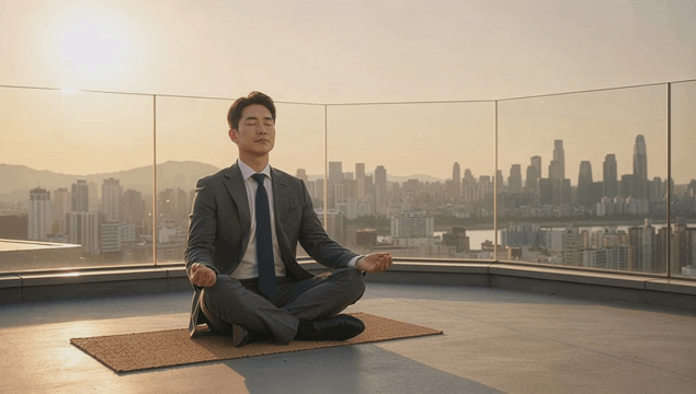 Office worker meditating on a rooftop at sunset