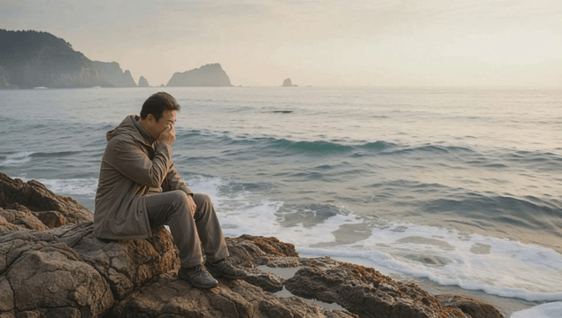 Middle-aged man sitting on seaside rocks watching waves