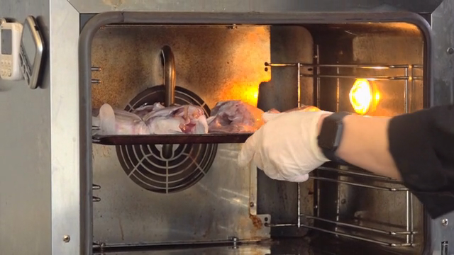 Scene of chef putting fish in the oven