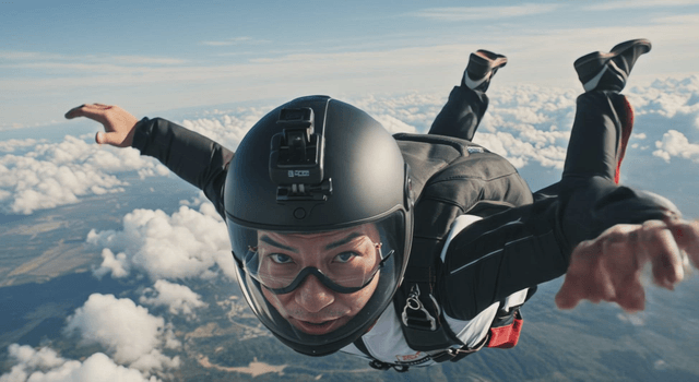 Skydiver enjoying freefall above the clouds