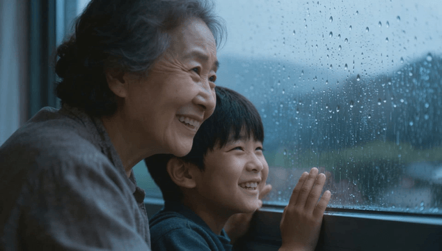 Grandmother and grandson looking out a rainy window