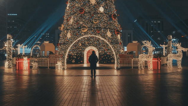 큰 크리스마스 트리를 감상하는 사람