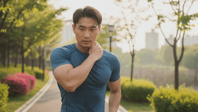 Man jogging on sunlit park path