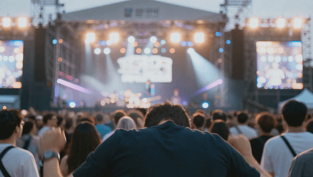 Outdoor concert with cheering and dancing crowd