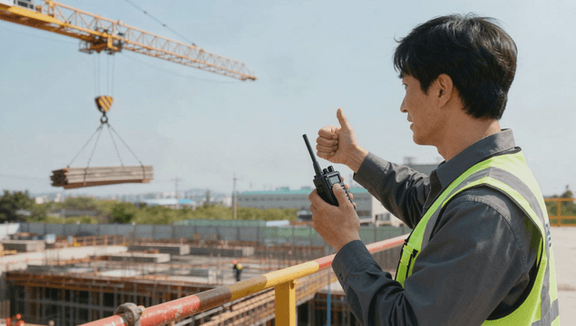 Construction worker directing crane operation