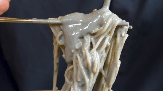 Chopsticks picking up black bean buckwheat noodles