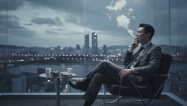 Businessman smoking in office with city view