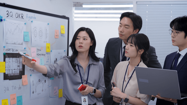 Team discussing strategy at a whiteboard