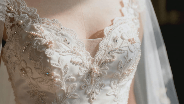 마네킹에 입혀진 정교한 레이스와 진주 웨딩드레스