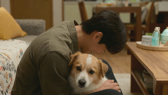Man sitting under the sofa petting a dog