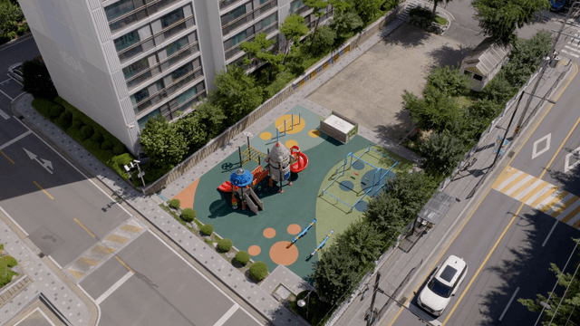 Apartment complex with a colorful playground