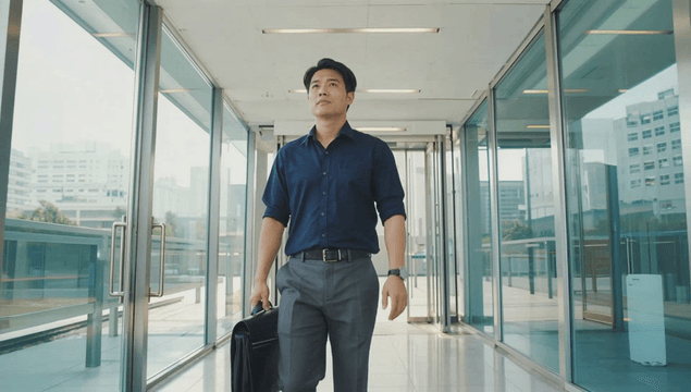 Office worker walking through modern hallway with briefcase