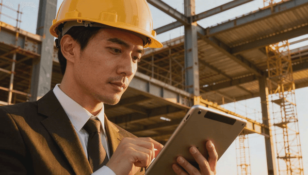 Engineer in suit inspecting construction site with tablet