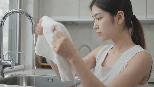 Young woman wringing a dishcloth at a kitchen sink