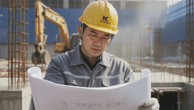 Site manager reviewing blueprints at construction site