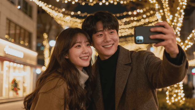 크리스마스 조명 아래서 셀카를 찍는 커플