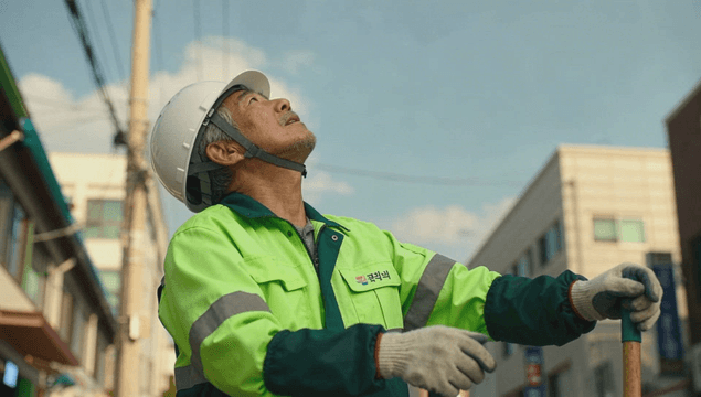 Elderly street cleaner looking up at the sky