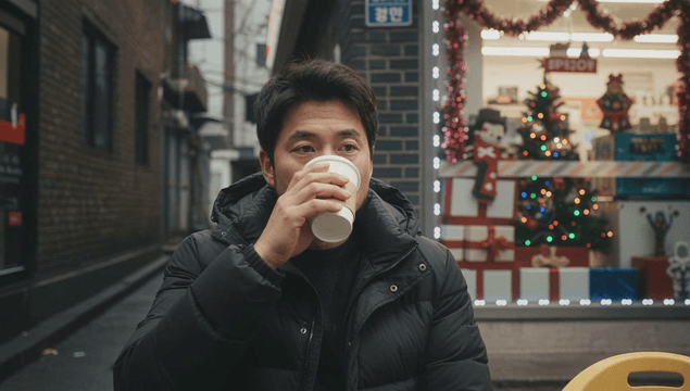 크리스마스 분위기의 골목에서 커피를 즐기는 남자