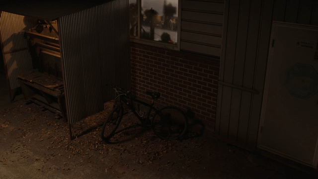 Bicycle parked near a dimly lit building