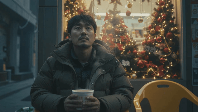 크리스마스 트리 옆에서 따듯한 라면을 즐기는 남자