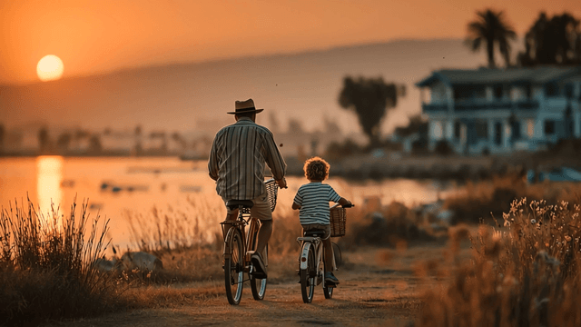 Father and child cycling by the lake at sunset