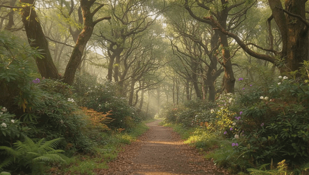 Sunlit forest trail with dense walkway