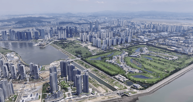 Sprawling city with high-rise buildings