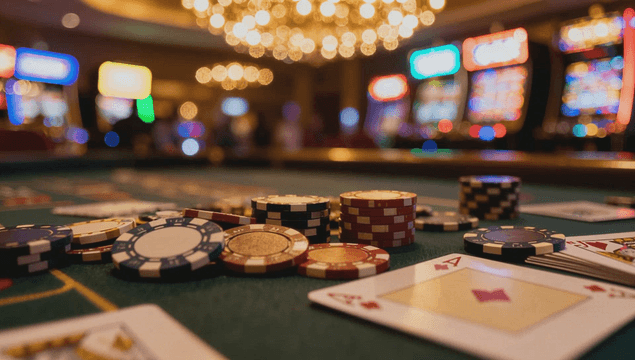 Casino table with poker chips and cards