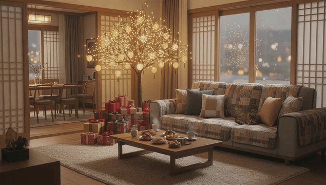 크리스마스 장식이 있는 아늑한 거실