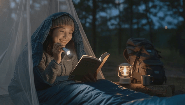 Reading a book inside a sleeping bag at night