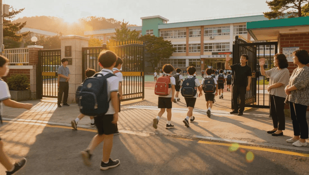 Students in school uniforms walking to school in the morning
