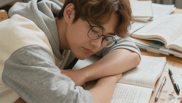 Student sleeping on a desk with books