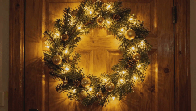 나무 문에 걸린 빛나는 크리스마스 화환