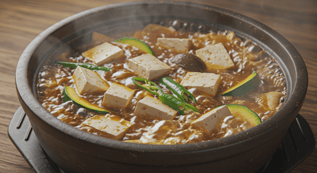 Soybean paste jjigae boiling in an hot pot