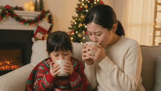 벽난로 옆에서 차를 즐기는 모녀