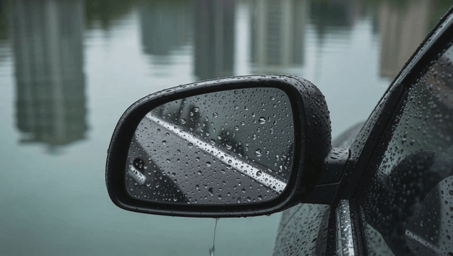 Raindrops on car side mirror submerged in floodwater