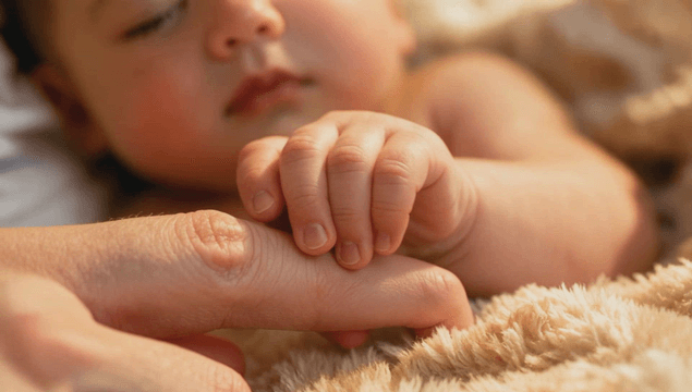 어른의 손가락을 부드럽게 잡고 있는 갓난 아기