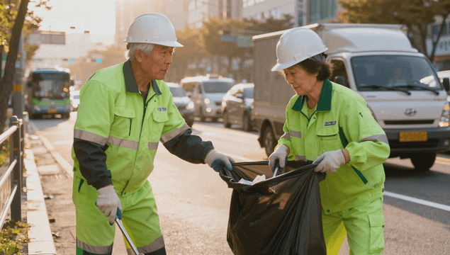 Senior sanitation workers cleaning a busy street