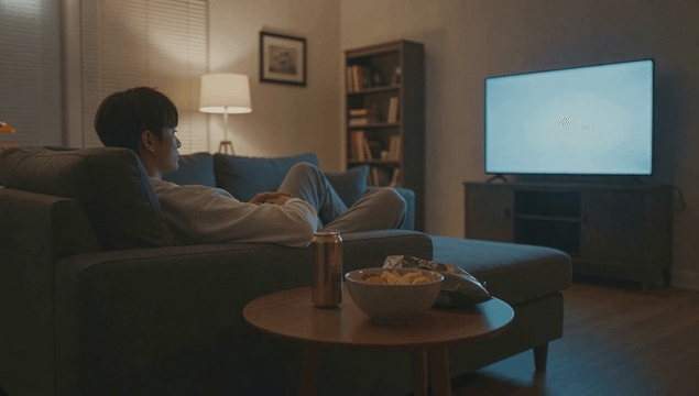 Young man watching TV on a dark living room sofa