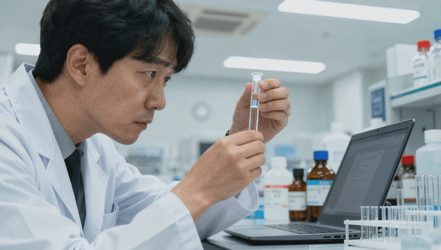Male scientist examining test tubes in a laboratory