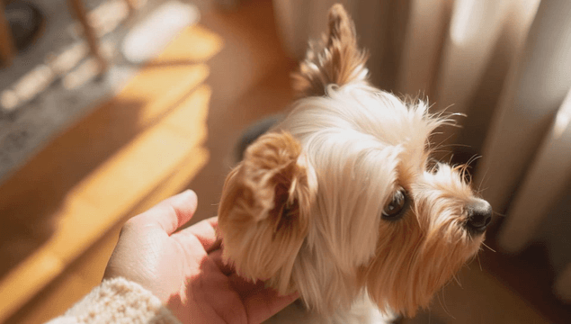 A puppy being gently petted indoors