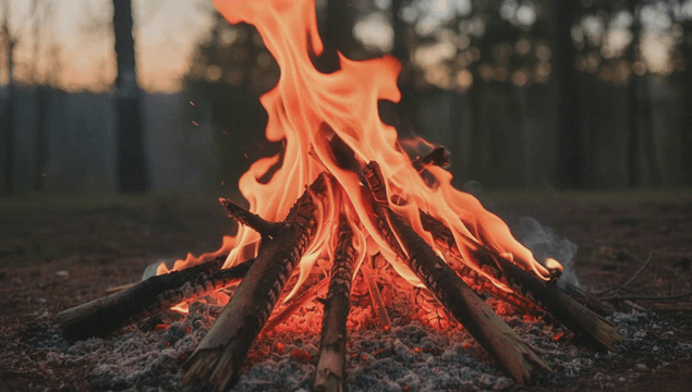 Campfire burning in forest at sunset