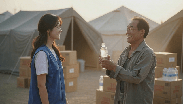 Female volunteer handing water bottle to man