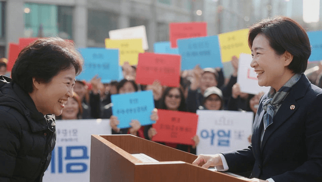 Female politician greeting supporters with a handshake on a podium