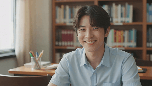 Young man smiling in library