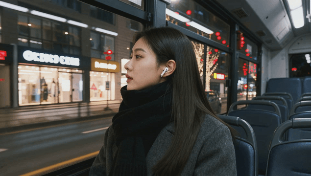 겨울 도로 야경 속 버스에 앉아 있는 여성