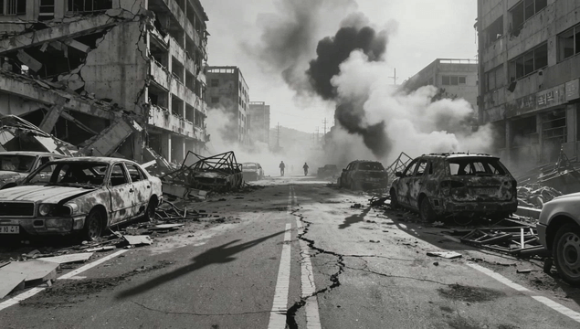 Devastated street with smoke rising