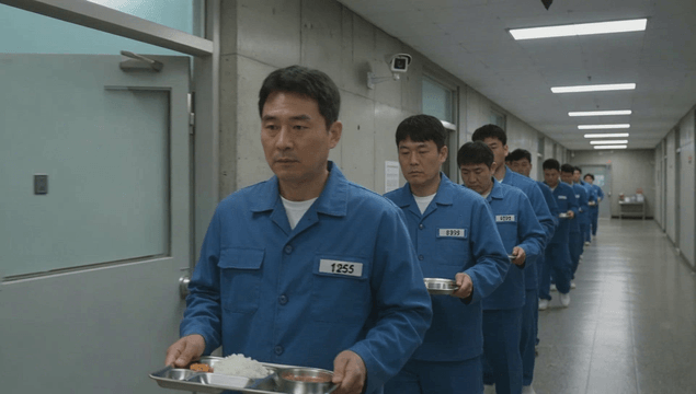 Prisoners in blue uniforms moving in line with meal trays