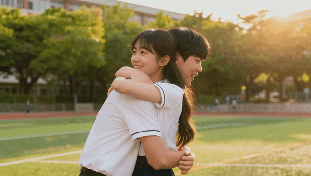 High school couple exchanging gifts on sunny field
