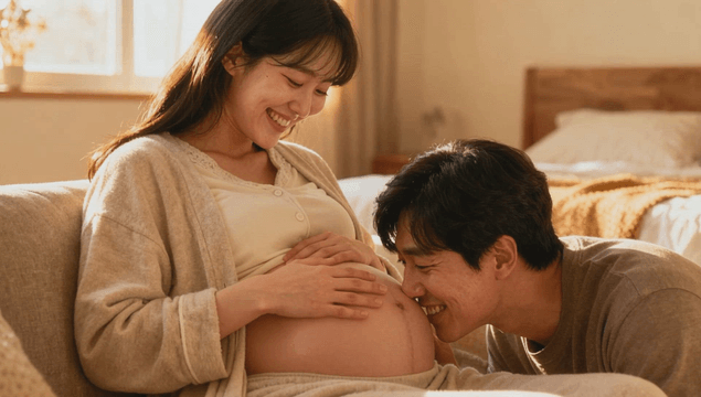 Husband kissing his pregnant wife's belly in bedroom